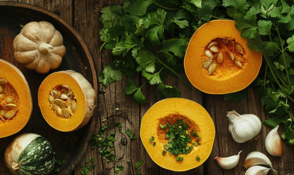 A top-down view of a table with fresh cilantro, halved pumpkin, garlic cloves, and a selection of herbs photo