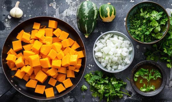 A top-down view of a table with fresh cilantro, pumpkin wedges, minced garlic, and a bowl of herbs photo