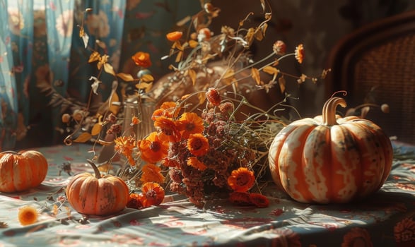A still life with pumpkins and dried flowers photo