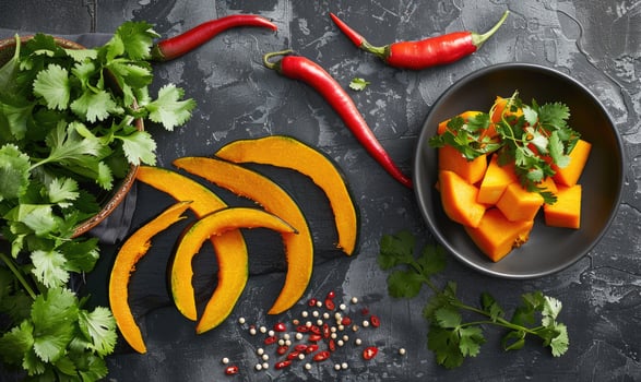A top-down view of a kitchen counter with fresh cilantro photo