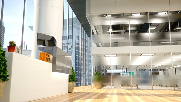 Professional office lobby with contemporary architecture and stylish interior design. Large windows offer an open view of the city, sleek furnishings and plants add comfort and elegance. photo