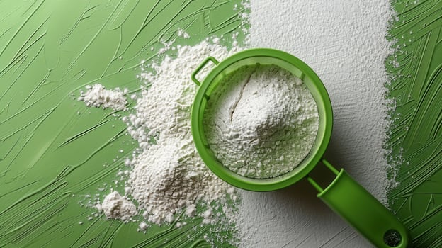 Flour Sifter on Green Textured Background with Spilled Flour - Baking and Cooking Concept photo