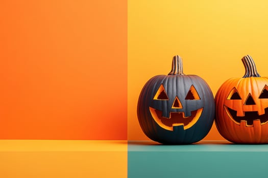 Two Carved Halloween Pumpkins with Smiling Faces on a Vibrant Orange and Yellow Background photo