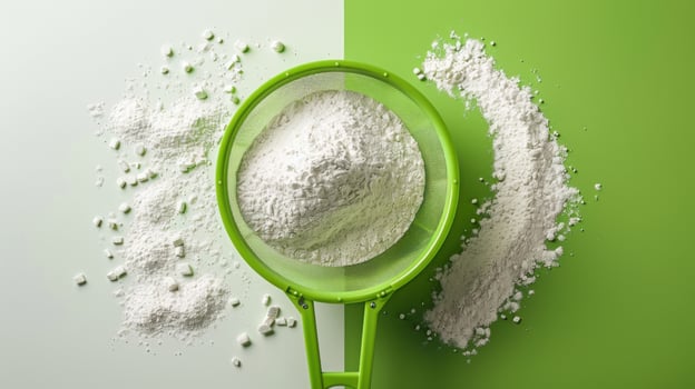 Green Sieve with Flour on Split Green and White Background - Baking Ingredients and Kitchen Utensils photo