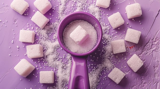 Purple Measuring Cup with Sugar Cubes and Granulated Sugar on a Purple Background photo