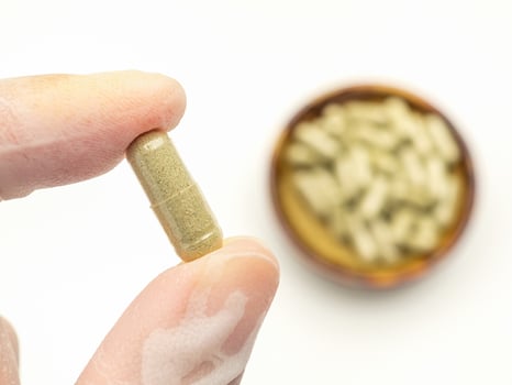 Hand holding of Andrographis paniculata capsule with a pile of capsules on dish isolated on white background. Herbal, medicine, and healthcare concept photo
