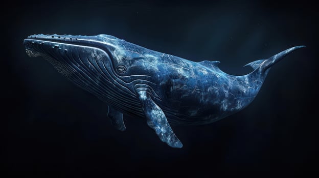 A picture of a whale underwater. The whale is blue and glowing against the dark background. photo