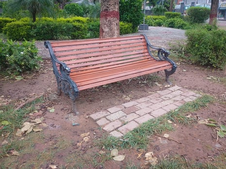 Wooden bench located in the public park photo