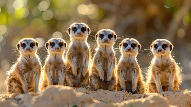 Five small, brown meerkats standing together in a group photo