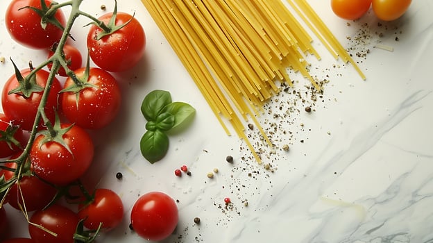 Culinary background with ingredients for cooking pasta with tomatoes on a white background photo
