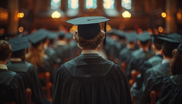 Graduation Ceremony Celebrating Achievements At Historic University. Graduates wearing caps and gowns gather for a ceremony in a grand hall photo