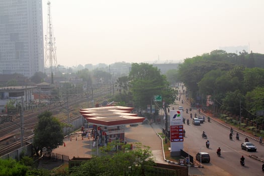 Bekasi, Indonesia, 2023 - A bird's-eye view of the highway activity in the morning. photo
