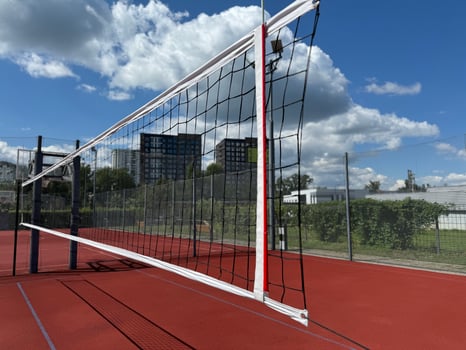 close-up sports equipment volleyball net on closed court competition matches details photo