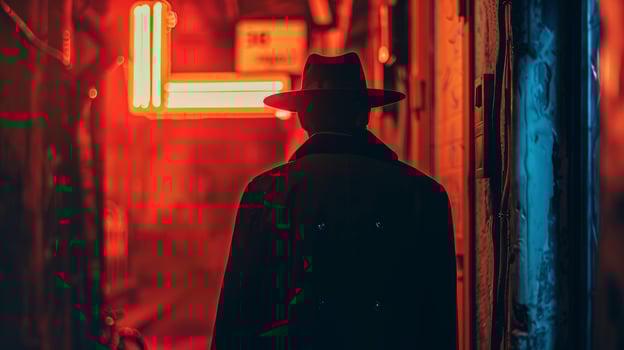 Detective silhouette in black trench coat and fedora against neon red lit alley at night. Concept of mystery, noir, crime investigation, urban night scene, retro style photo
