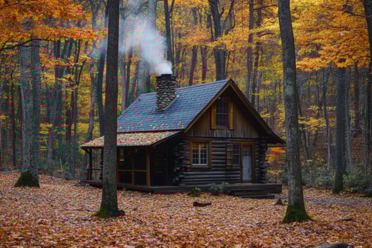 A cozy cabin nestled in the autumn woods. photo