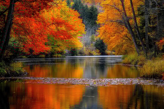 A peaceful riverbank adorned with autumn foliage. photo