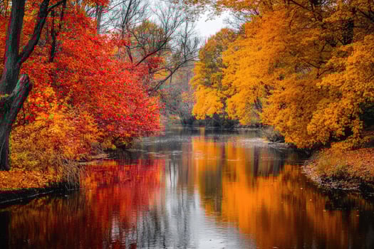 A peaceful riverbank adorned with autumn foliage. photo