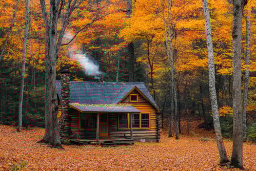 A cozy cabin nestled in the autumn woods. photo