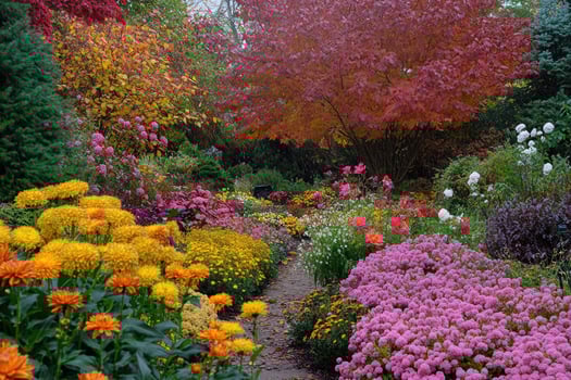 A lush garden full of autumn blooms. photo