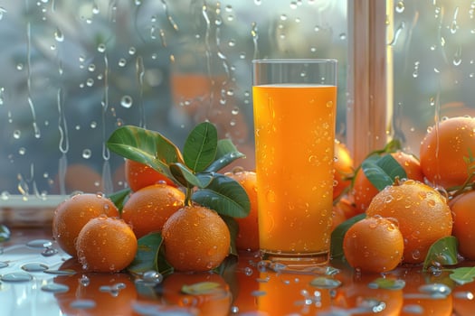 Glass of Orange Juice with Oranges and Leaves on a Wet Surface photo