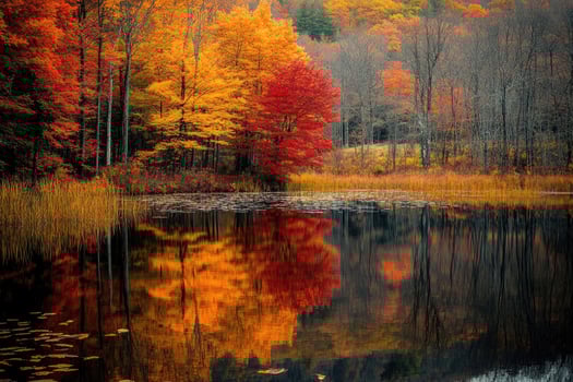Reflective autumn landscape by a tranquil lake. photo