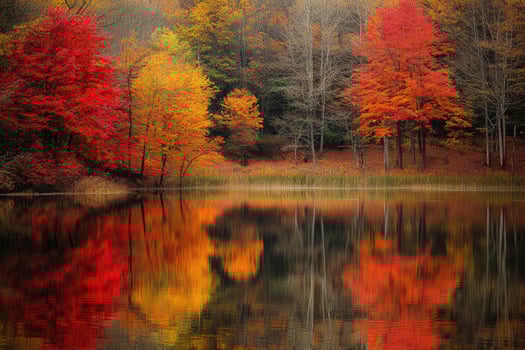 Reflective autumn landscape by a tranquil lake. photo