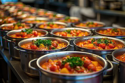 Multiple Pots of Stewed Tomatoes and Vegetables with Parsley Garnish photo