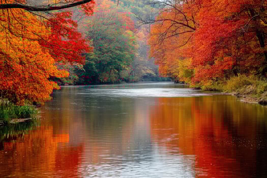 A serene river flowing through autumnal trees. photo