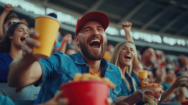 Fans cheer joyfully while enjoying snacks at an exhilarating game photo