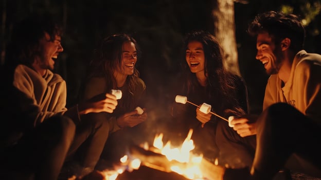 Friends enjoy laughter and warmth while roasting marshmallows at night photo