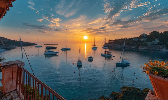 A beautiful sunrise over a serene bay with anchored sailboats, seen from a balcony of a coastal villa photo