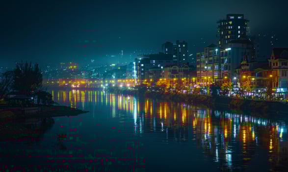A nighttime city view with illuminated buildings and streetlights, reflecting off a nearby river photo