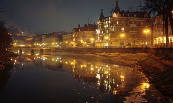 A nighttime city view with illuminated buildings and streetlights, reflecting off a nearby river photo