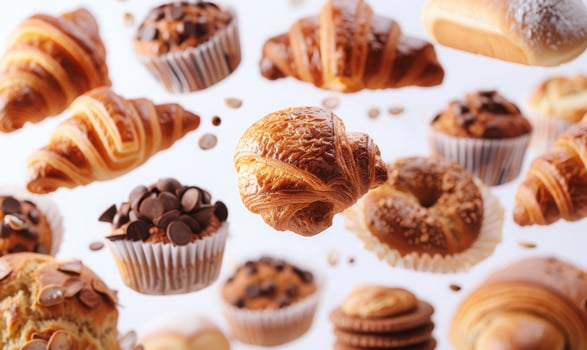 A variety of baked goods like croissants, muffins, and bread loaves flying in mid-air with a white background photo