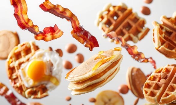 An assortment of breakfast items like pancakes, waffles, and bacon flying in mid-air with a white background photo