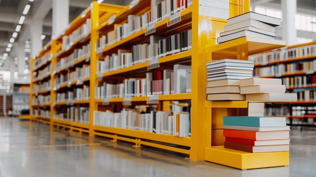 Modern Library Bookshelves with Stacked Books photo
