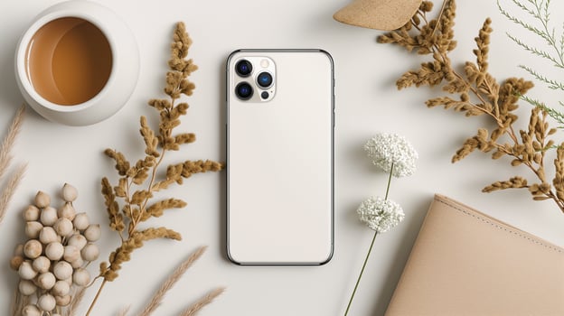 Flat Lay of Smartphone with Coffee and Flowers photo