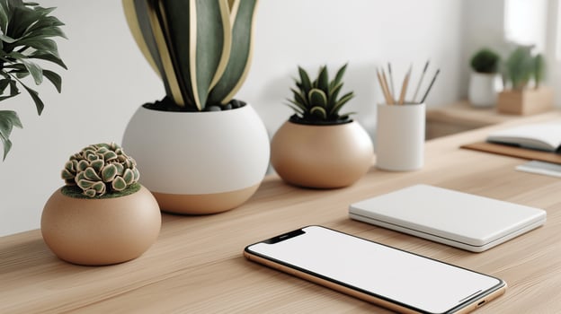 Top View of Smartphone with Plants and Accessories photo