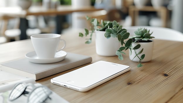 Modern Workspace with Smartphone and Plants photo