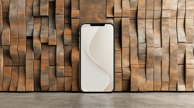Smartphone with Blank Screen Against Abstract Textured Wooden Wall photo