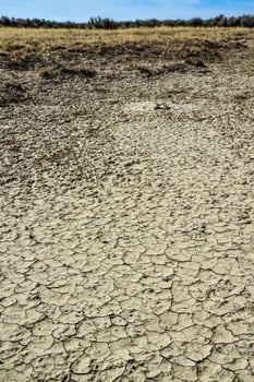 Cracked red clay and white salt on the surface in a dried riverbed in the desert of New Mexico, USA photo