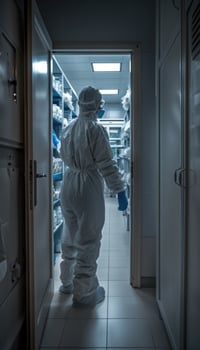 A man wearing a protective suit is seen walking down a factory floor photo