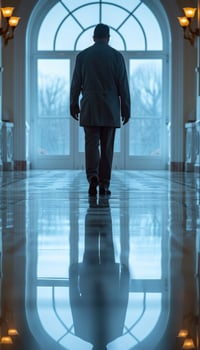 A man, dressed in a neat suit, is walking down the long hallway photo