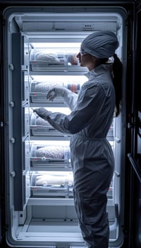 A woman in a space suit stands thoughtfully in front of a fridge photo