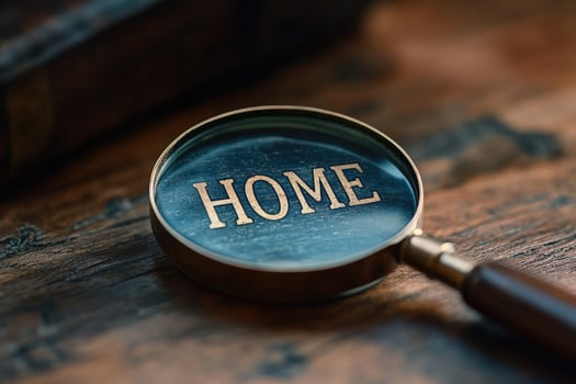 Magnifying glass focusing on home sign for real estate concept photo