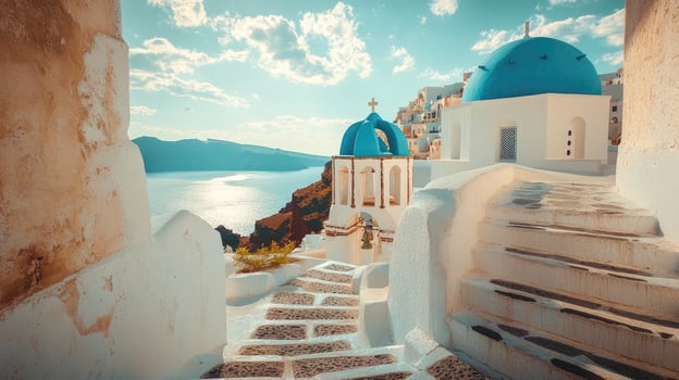 Sun shining over white buildings and blue domes in santorini, greece photo