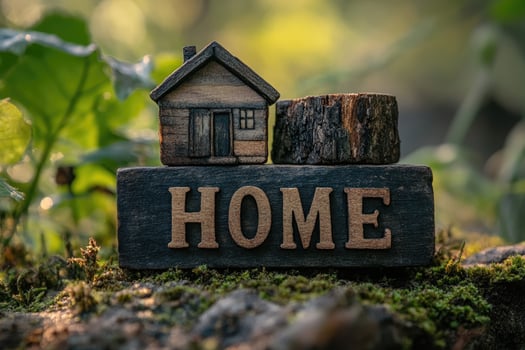 Miniature wooden house standing on top of 'home' text on blurry green background photo