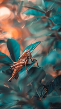 Grasshopper perched on a green leaf with vibrant background photo
