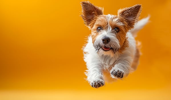 Playful Dog Jumping Against Bright Yellow Background. A cheerful dog leaps joyfully in mid-air photo