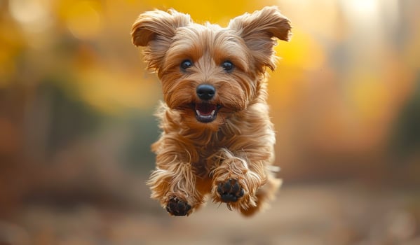 Playful Dog Leaps in Autumn Park Surrounded by Colorful Leaves photo
